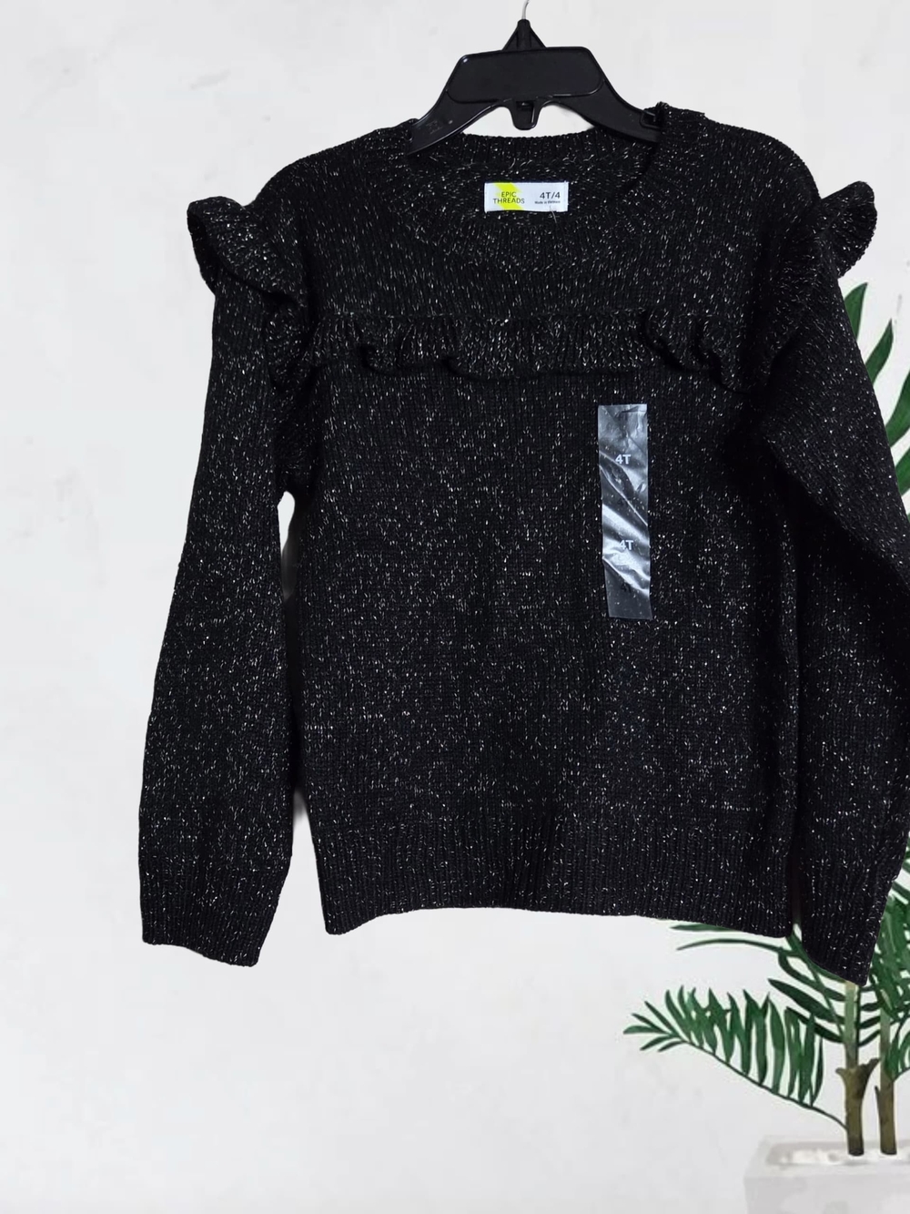 Epic Threads Black Metallic Ruffle-Trim Crewneck Sweater